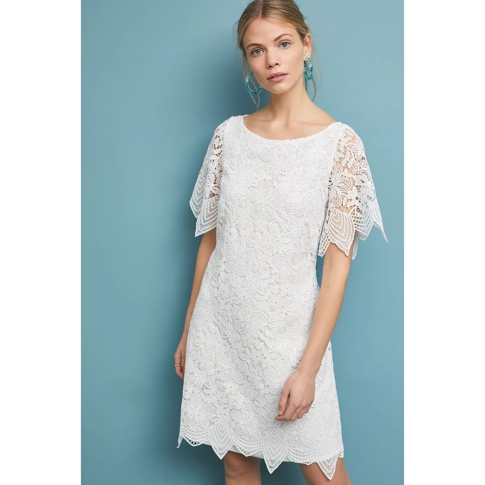 Anthropologie Charleston Lace Mini Dress 10 White Sheer Sleeves Cocktail Party